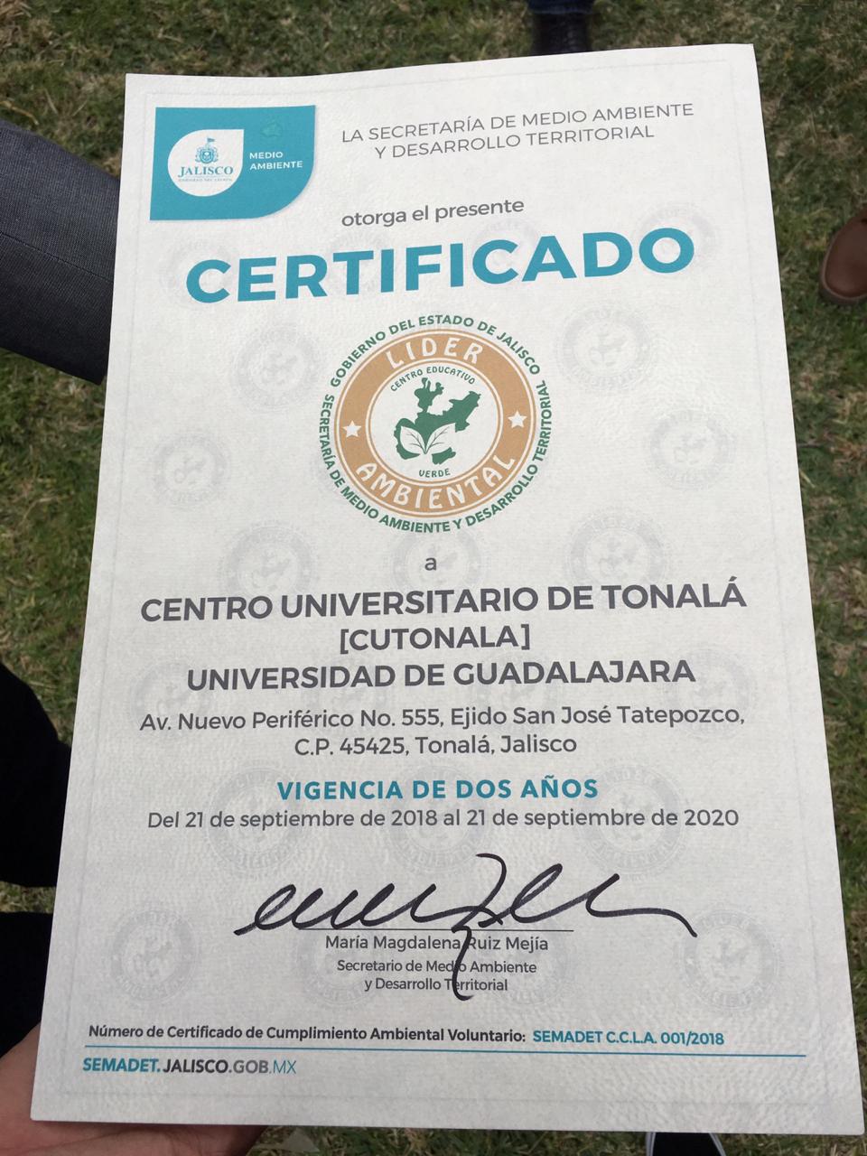 Recibe CUTonalá certificación como Líder Ambiental